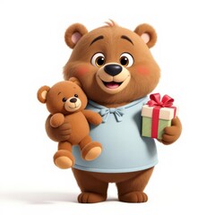 Fototapeta premium Bear Holding a Teddy Bear and Gift on White Background
