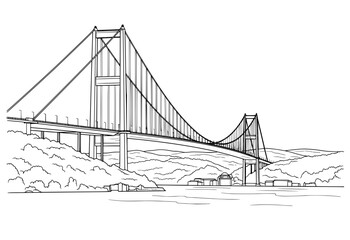 Suspension Bridge Line Art, Modern Bridge Outline Drawing, Iconic Bridge Sketch, Landscape with Bridge and Mountains Line Art