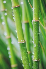 Fototapeta premium Close-up of green bamboo stalks with water droplets, showcasing the vibrant texture and natural beauty of the plant in a lush environment, emphasizing freshness and vitality