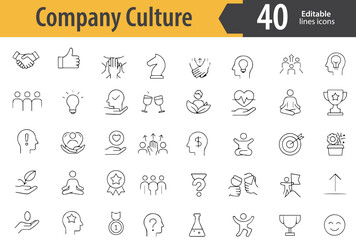 Company Culture Line Icons, Teamwork, Office Values, Employee Engagement, Group Discussion, Company Mission, Editable Formats: AI, EPS, PNG, JPG, Ideal for Both Digital and Print Use
