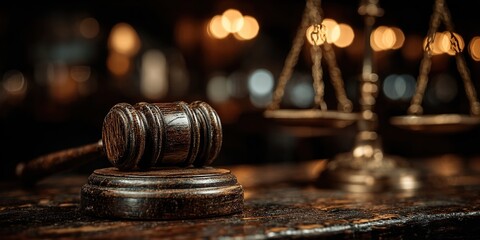 Wooden Gavel and Scales of Justice in Dimly Lit Courtroom. Law, Fairness, and Legal Authority in a Warm Judicial Setting.