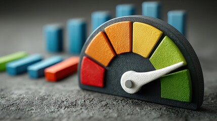 3D Gauge with Color Gradient and Needle in Green Zone on Gray Surface. Data Analysis and Performance Metrics Concept with Blurred Bar Graphs in Background.
