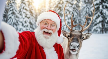 Santa claus is taking a selfie with a reindeer in a snowy forest, capturing a joyful moment during the christmas season