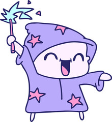 freehand drawn cartoon of a happy little wizard in bright neon color