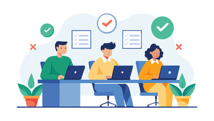 Three employees working on laptops at a desk with checklists and approval marks above them all day long