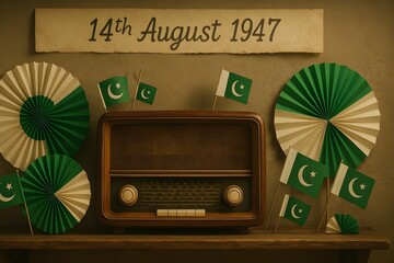 retro radio on wooden table, "Vintage Radio Display with Mini Pakistani Flags and Paper Fans for Independence Day Commemoration
