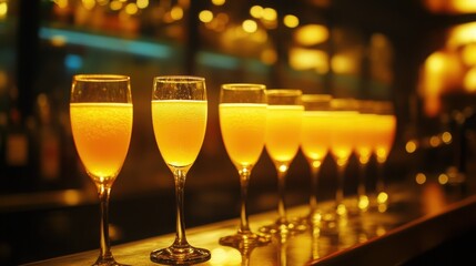 Glasses of mimosas lined up on bar with warm lighting  