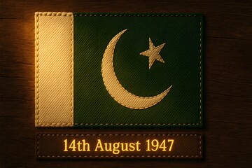 "Stitched Pakistani Flag Patch with Embroidered 14th August 1947 Text on Wooden Background"
