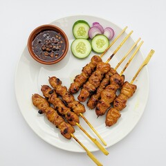 Thai-style chicken satay skewers grilled and served with spicy peanut sauce, cucumber, red onion and dipping sauce.