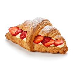 Golden croissant filled with vanilla cream and fresh strawberries, topped with powdered sugar for a sweet pastry treat.