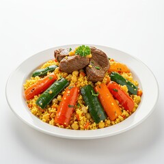 Colorful Moroccan couscous topped with tender lamb chunks, carrots, zucchini and chickpeas, served in a white bowl.