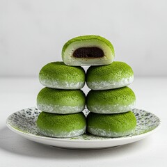 Japanese matcha mochi covered in green tea powder, filled with sweet red bean paste, stacked on a ceramic plate.