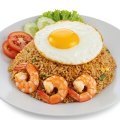 Thai-style shrimp fried rice topped with a sunny side up egg, served with vegetables like cucumber, tomato, and lettuce.