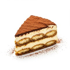 Italian tiramisu dessert slice made with layers of mascarpone, espresso-soaked ladyfingers, and dusted with cocoa powder.