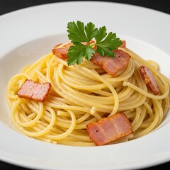 Classic spaghetti carbonara pasta dish with crispy bacon, creamy sauce and garnished with fresh parsley on a white plate.