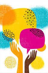 Halftone Collage of Hands Holding Colorful Speech Bubbles