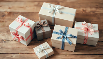 Neatly arranged gift boxes with decorative ribbons on a wooden surface, conveying a festive giving concept.
