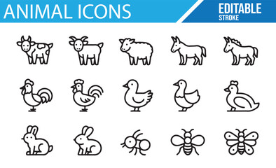 Fototapeta premium Editable Animal Icons Set, Vector Symbols for Farm, Wildlife, and Domestic Animals, Animal Illustrations for Digital and Graphic Design Projects 