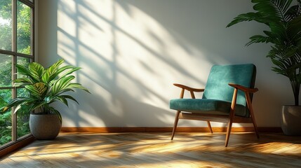 Sunlight streams into a serene room with a teal armchair