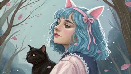 A girl with blue hair and cat ears stands with a black cat in a forest with falling petals vreated with genrated ai