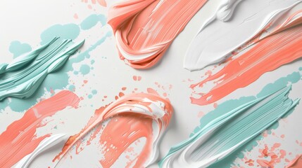Abstract Background of Coral, Teal, and White Paint Strokes with Splatter