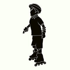 A silhouette of a child wearing safety gear while inline skating. Perfect for kids’ activity themes, posters, or educational materials.