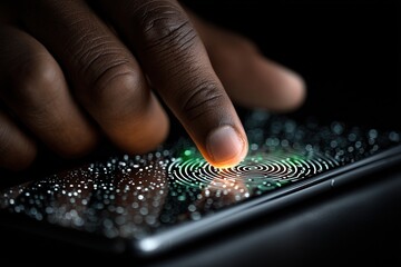 Close-Up of Hand Using Smartphone Biometric Security App on Dark Reflective Surface. Fingerprint Interface for Cybersecurity, Tech, and Mobile Authentication Concepts.