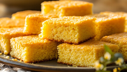 Delicious, golden, and fluffy cornbread pieces, artfully stacked, enticing a feeling of warmth and comfort
