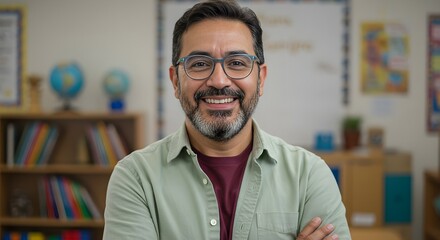 Obraz premium Smiling Teacher in Classroom Portrait with Teal Glasses & Light Green Shirt
