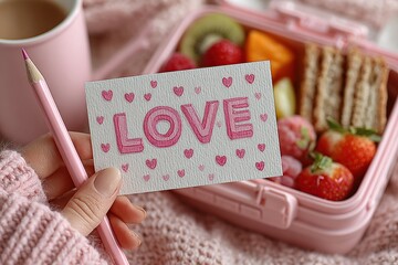 Close-Up of Hand Holding ‘LOVE’ Card with Pink Hearts and Lunchbox of Fruit. Cheerful Photo Celebrating Care, Affection, and Thoughtful Gestures in Everyday Moments.