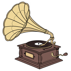 Vintage Gramophone Vector Illustration &ndash; Classic Antique Phonograph with Horn, Wooden Base, and Record Turntable in Warm Muted Colors for Retro Music, Nostalgia, and Historical Audio Themes

