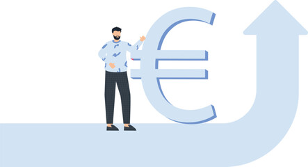 Euro Currency Concept: Businessman with Euro Symbol and Upward Arrow on White Background,financial concept, economic growth, euro currency, upward trend, business success, financial 
