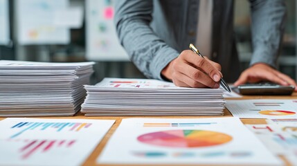 Analyzing financial data with pen and calculator, reviewing business charts, reports, and stacks of documents.