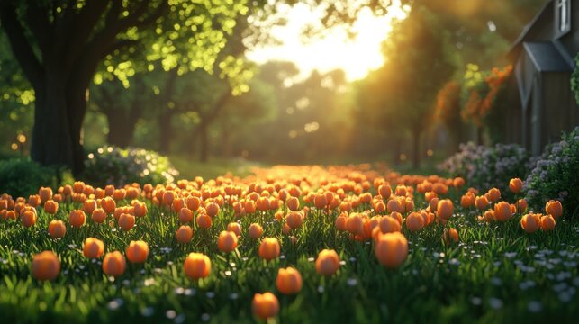 Sunset path through a vibrant tulip field