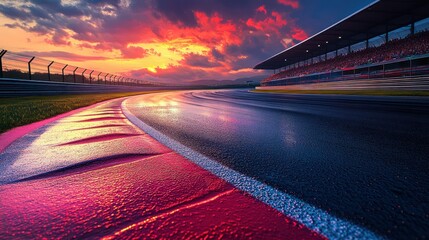 Obraz premium Sunset racing track, wet asphalt