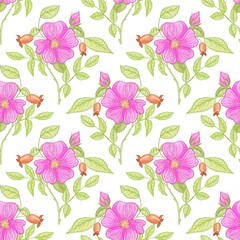 Seamless floral pattern with vibrant pink wild rose flowers, green leaves, and rose hips. Ideal for fabric, wallpaper, gift wrap, packaging, and romantic or botanical branding projects.