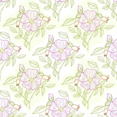 Seamless pattern featuring delicate wild rose flowers, leaves, and rose hips in soft pink and green tones. Perfect for fabric, stationery, wallpaper, packaging, and romantic branding.