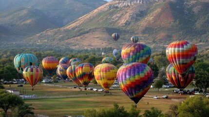Fototapeta premium Colorful hot air balloons over a valley