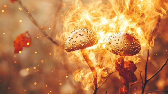 Two mushrooms ablaze in a fiery forest. - Powered by Adobe