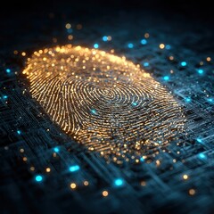 Futuristic Glowing Blue Fingerprint with Circuit Network. Digital Identity and Cybersecurity Concept. Illustration in High-Tech Interface Style on Dark Blue Background.