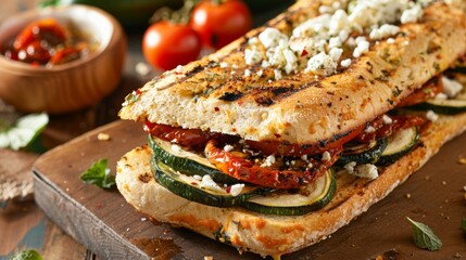 A Mediterraneaninspired sandwich filled with sundried tomatoes grilled zucchini and tangy feta cheese.