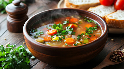  A steaming bowl of vegetable soup with fresh herbs and a side of whole grain bread 