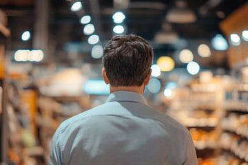 Fototapeta premium Generative AI image of confident supermarket store worker standing in front of shelves with groceries and packaged food products