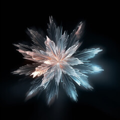 Abstract ice crystal flower lens flare on black background. Glowing frosty light effect, winter-themed sparkles, fantasy floral shape, magical optical glow.