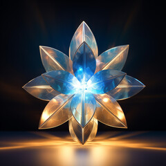 Abstract ice crystal flower lens flare on black background. Glowing frosty light effect, winter-themed sparkles, fantasy floral shape, magical optical glow.