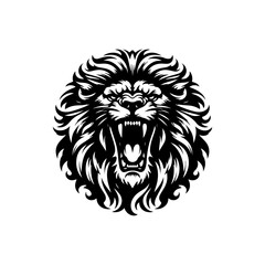 A stylized black and white illustration of a roaring lion's head with a prominent mane.