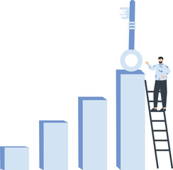 Business Success Concept: Man Reaching Key on Top of Graph with Ladder, Achievement, Goal,business concept, success key, ladder climb, graph 