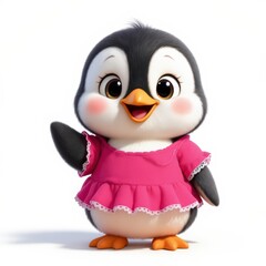 Cute Baby Penguin Character in a Pink Dress Waving Happily on a White Background