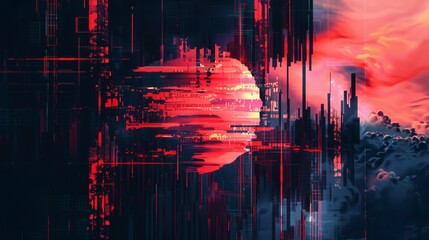 Abstract Glitch Art Red Moonscape Background with Cyberpunk Cityscape