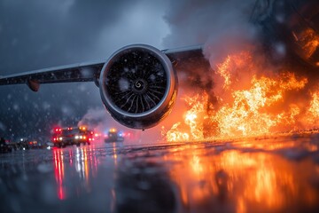 Airplane Engine Fire on Wet Tarmac with Emergency Response, Flames and Reflections Under Stormy Sky at Night.